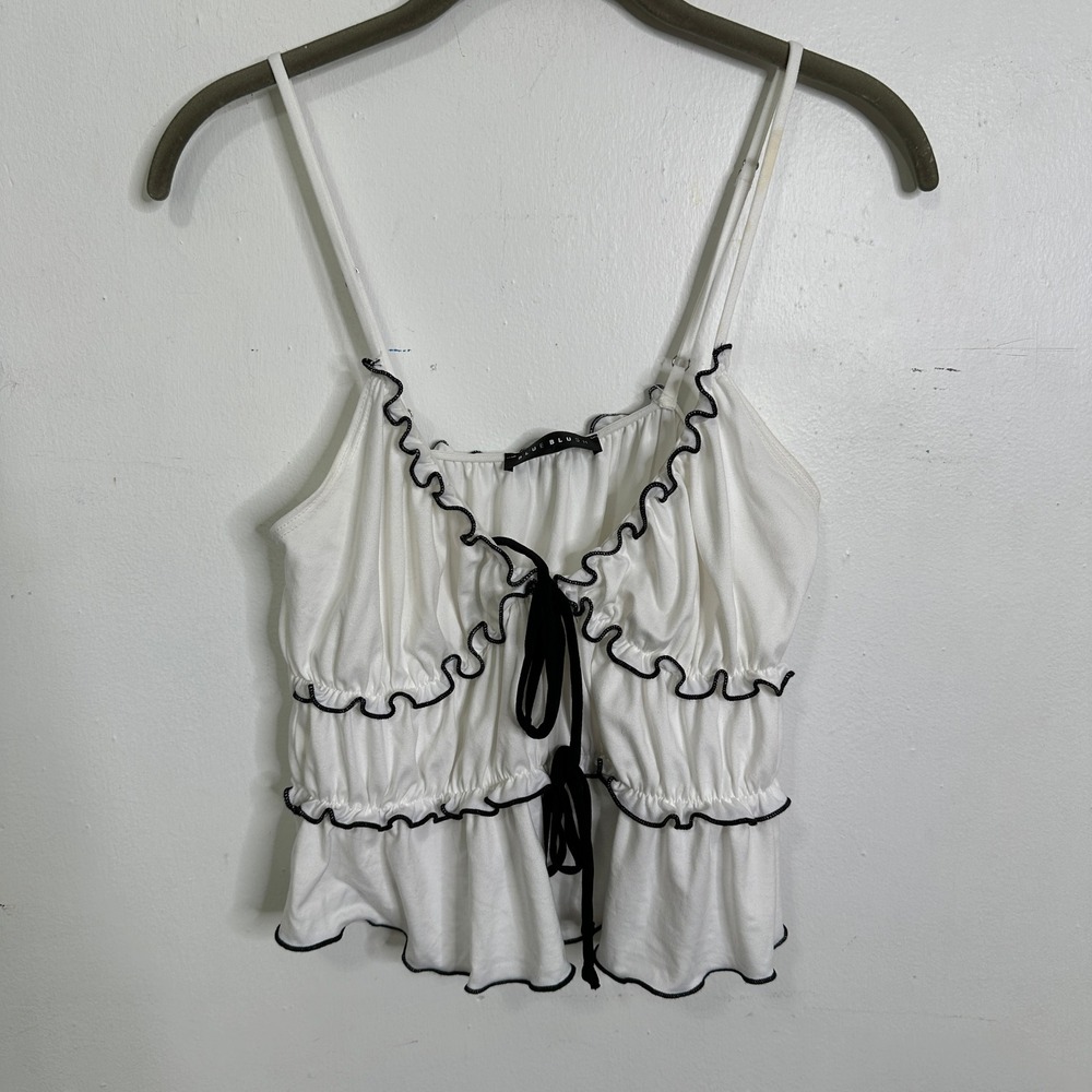 White Ruffle Camisole Tie Front Lettuce Edge Crop Top Womens L Festival Cochella